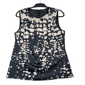 Tahari Womens Abstract Spot Print Sleeveless Pleated Neck Blouse Black M28BH501